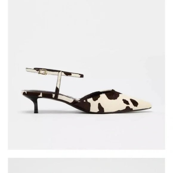 ZARA FUR TRIMMED LEATHER SLINGBACK KITTEN HEELS - Picture 1 of 5